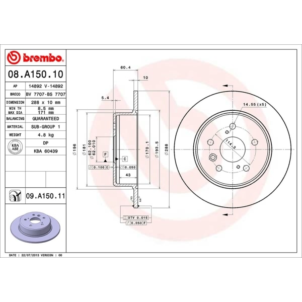 brembo UV Coated Series Solid Rear Brake Rotor 08.A150.11