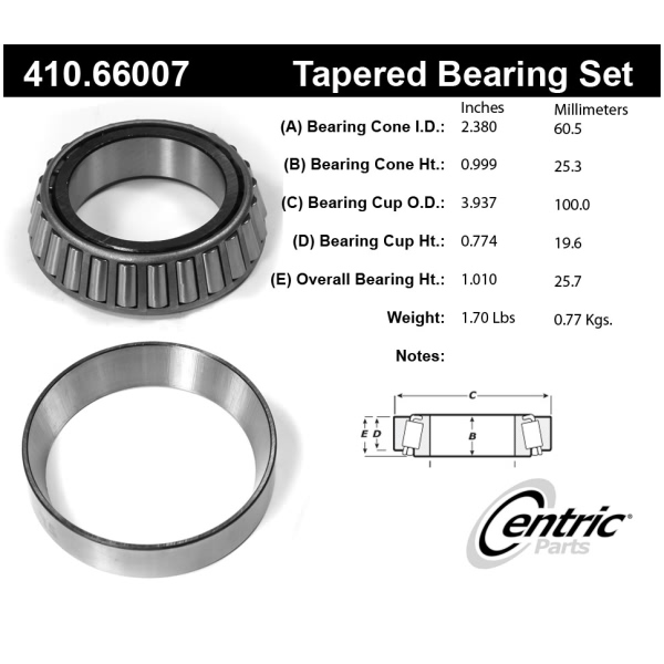 Centric Premium™ Rear Passenger Side Inner Wheel Bearing and Race Set 410.66007