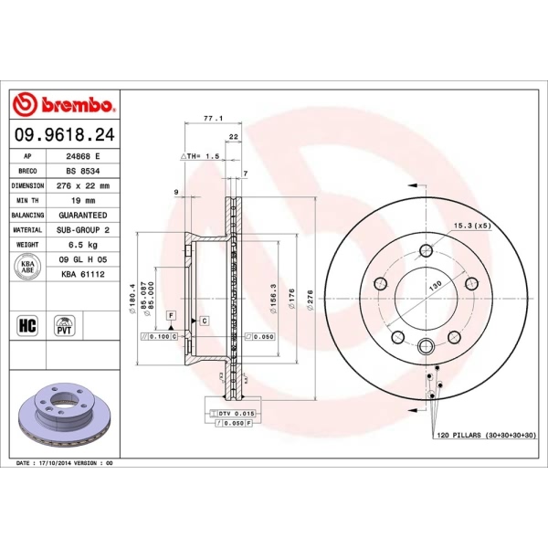 brembo OE Replacement Vented Front Brake Rotor 09.9618.24