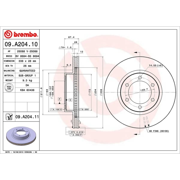 brembo UV Coated Series Vented Front Brake Rotor 09.A204.11