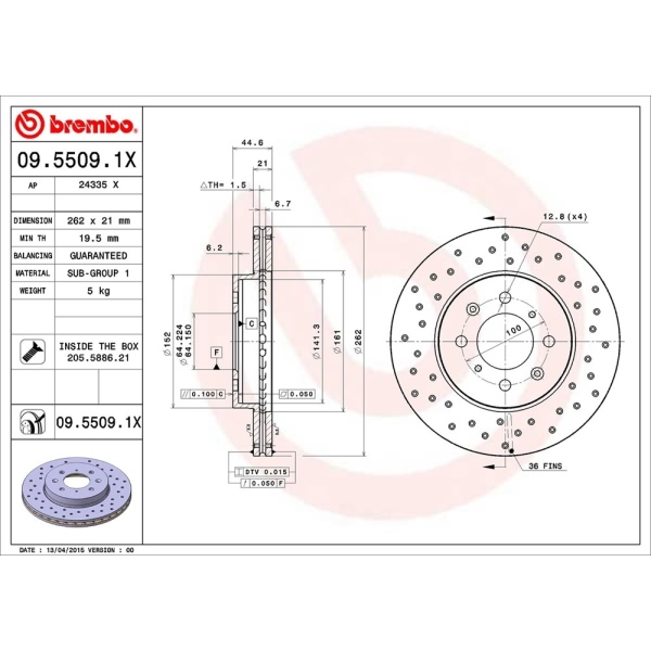 brembo Premium Xtra Cross Drilled UV Coated 1-Piece Front Brake Rotors 09.5509.1X