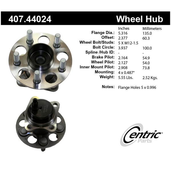 Centric Premium™ Rear Passenger Side Non-Driven Wheel Bearing and Hub Assembly 407.44024