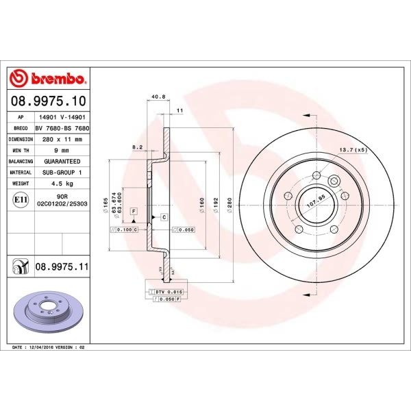 brembo UV Coated Series Solid Rear Brake Rotor 08.9975.11