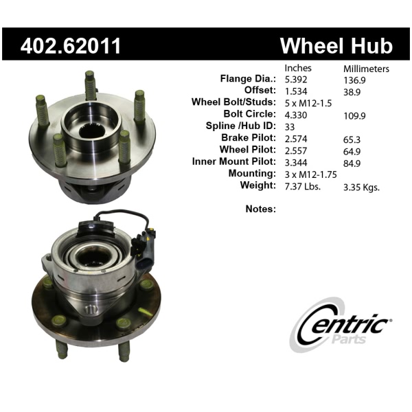 Centric Premium™ Front Passenger Side Driven Wheel Bearing and Hub Assembly 402.62011