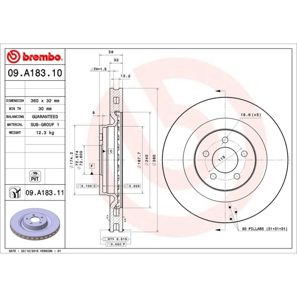 brembo UV Coated Series Vented Front Brake Rotor 09.A183.11