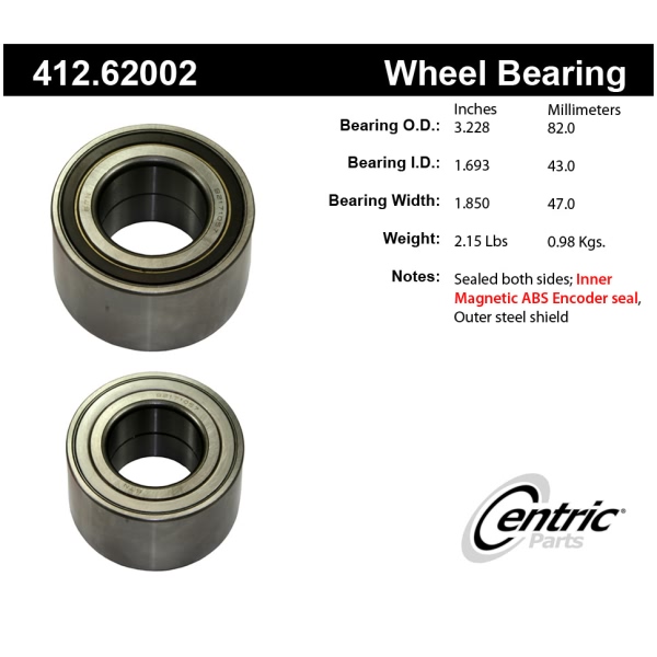 Centric Premium™ Rear Passenger Side Double Row Wheel Bearing 412.62002