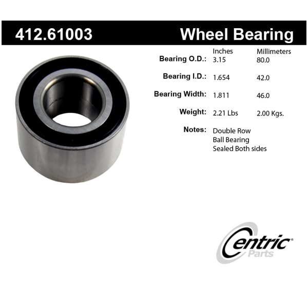 Centric Premium™ Rear Driver Side Double Row Wheel Bearing 412.61003