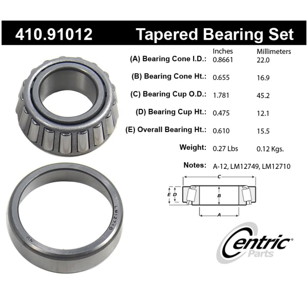 Centric Premium™ Front Driver Side Outer Wheel Bearing and Race Set 410.91012