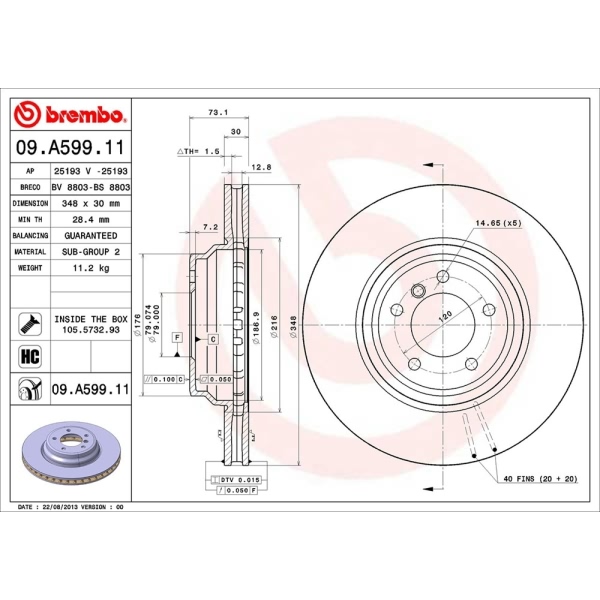 brembo UV Coated Series Vented Front Brake Rotor 09.A599.11