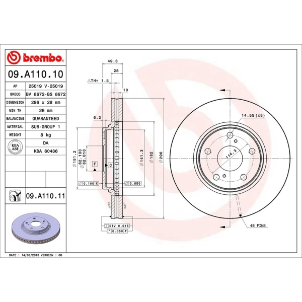 brembo UV Coated Series Front Brake Rotor 09.A110.11