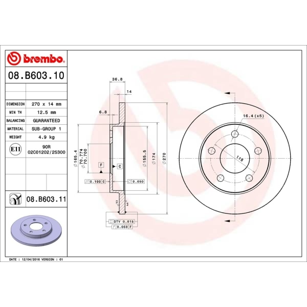 brembo UV Coated Series Solid Rear Brake Rotor 08.B603.11