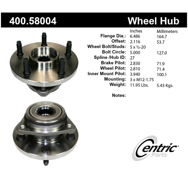 Centric Premium™ Front Driver Side Wheel Bearing and Hub Assembly 400.58004