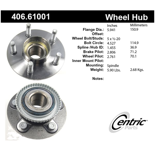 Centric Premium™ Front Passenger Side Non-Driven Wheel Bearing and Hub Assembly 406.61001