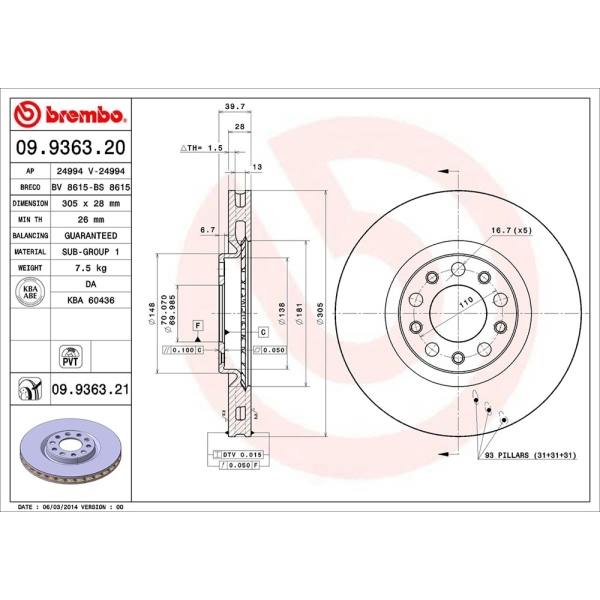 brembo UV Coated Series Vented Front Brake Rotor 09.9363.21