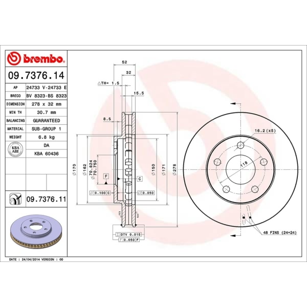 brembo UV Coated Series Vented Front Brake Rotor 09.7376.11