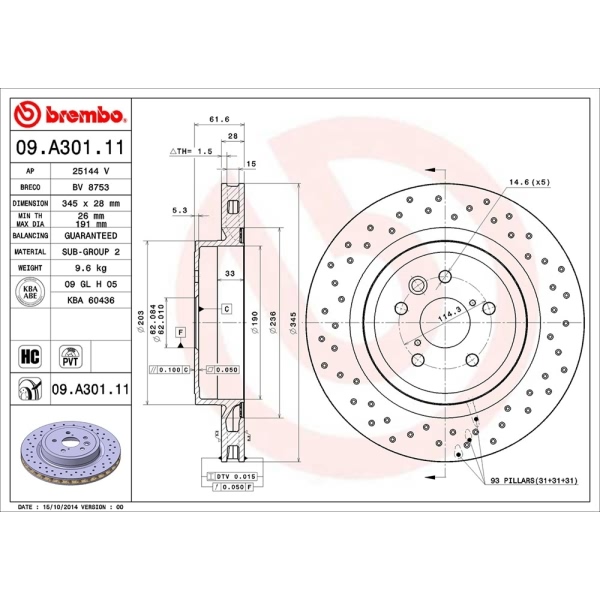 brembo UV Coated Series Drilled Vented Rear Brake Rotor 09.A301.11