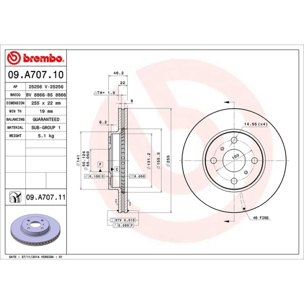 brembo UV Coated Series Vented Front Brake Rotor 09.A707.11
