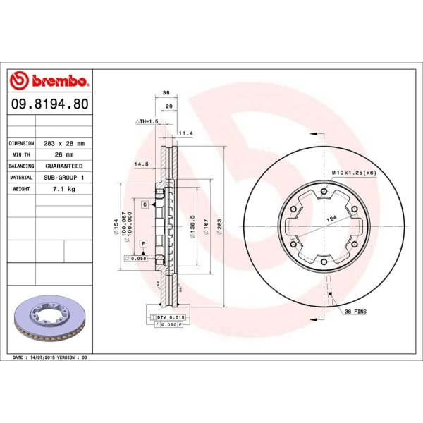 brembo OE Replacement Vented Front Brake Rotor 09.8194.80