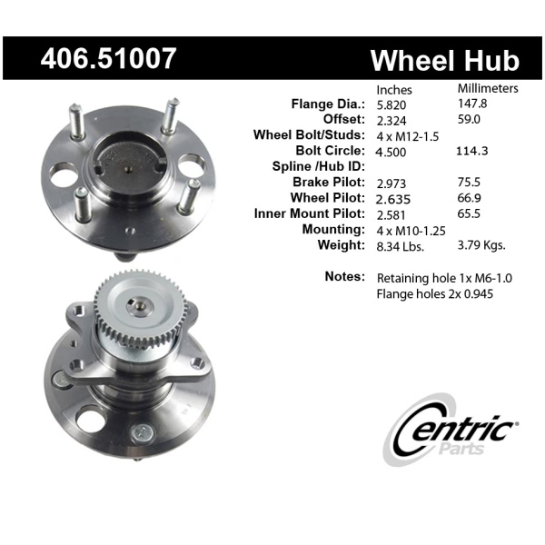 Centric Premium™ Rear Passenger Side Non-Driven Wheel Bearing and Hub Assembly 406.51007