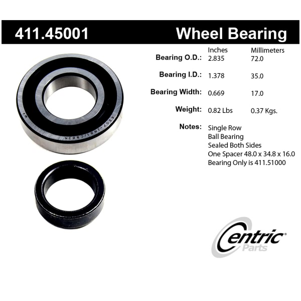 Centric Premium™ Rear Passenger Side Single Row Wheel Bearing 411.45001