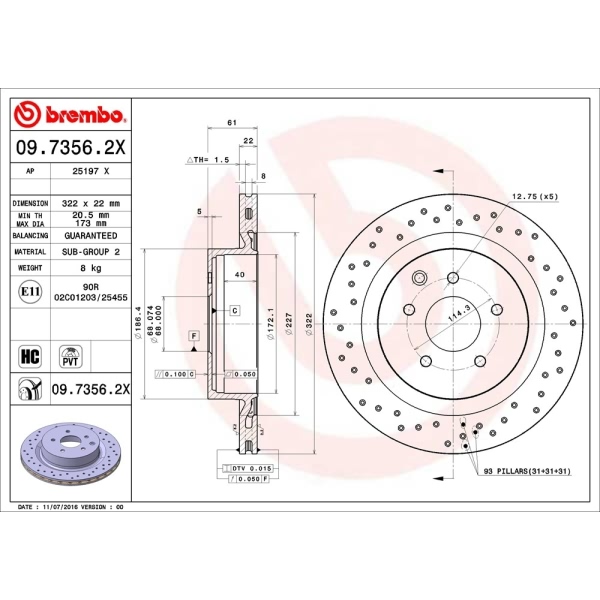 brembo Premium Xtra Cross Drilled UV Coated 1-Piece Rear Brake Rotors 09.7356.2X