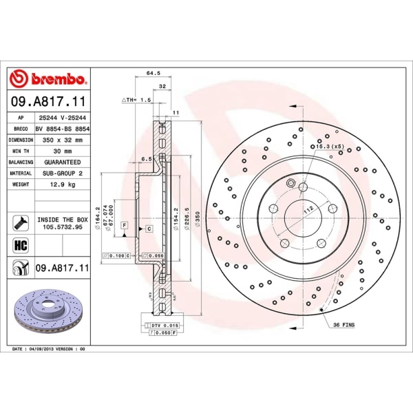 brembo UV Coated Series Drilled Vented Front Brake Rotor 09.A817.11