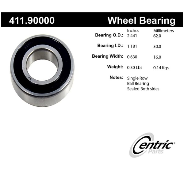 Centric Premium™ Rear Passenger Side Inner Single Row Wheel Bearing 411.90000