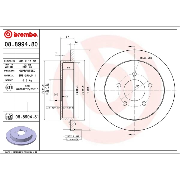 brembo UV Coated Series Solid Rear Brake Rotor 08.8994.81