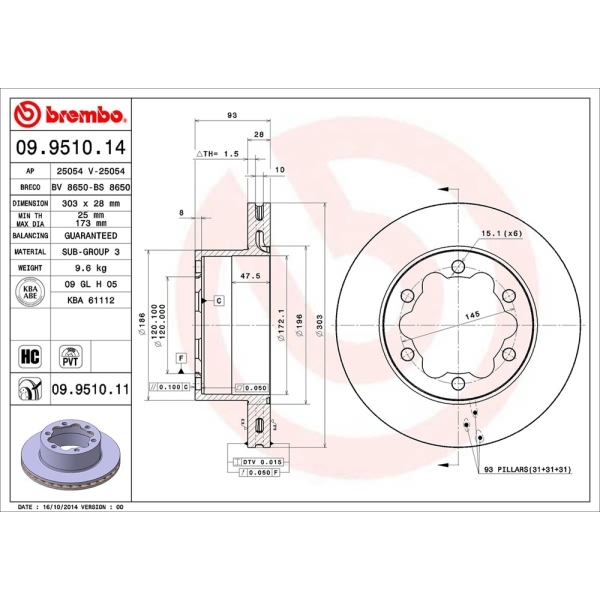 brembo OE Replacement Vented Rear Brake Rotor 09.9510.14