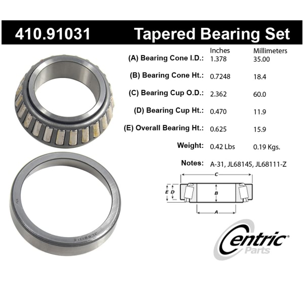 Centric Premium™ Front Passenger Side Outer Wheel Bearing and Race Set 410.91031