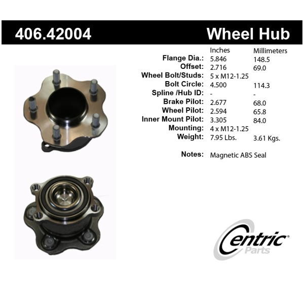 Centric Premium™ Rear Passenger Side Non-Driven Wheel Bearing and Hub Assembly 406.42004