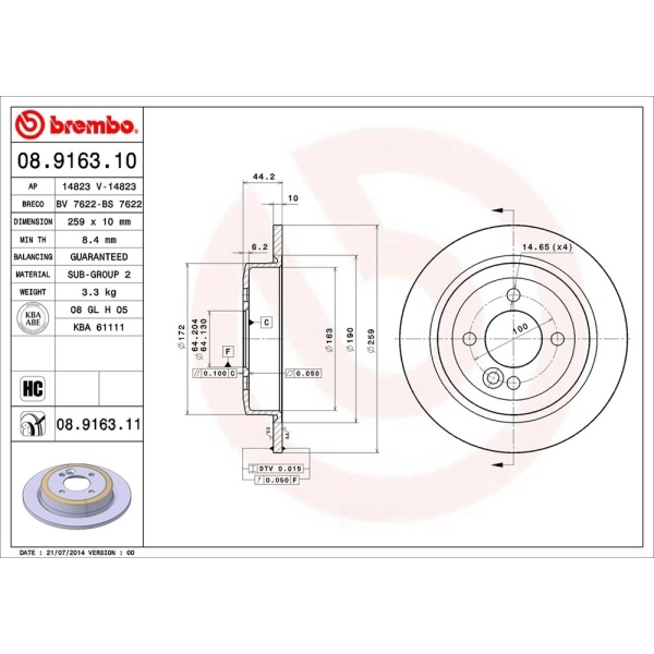 brembo UV Coated Series Solid Rear Brake Rotor 08.9163.11