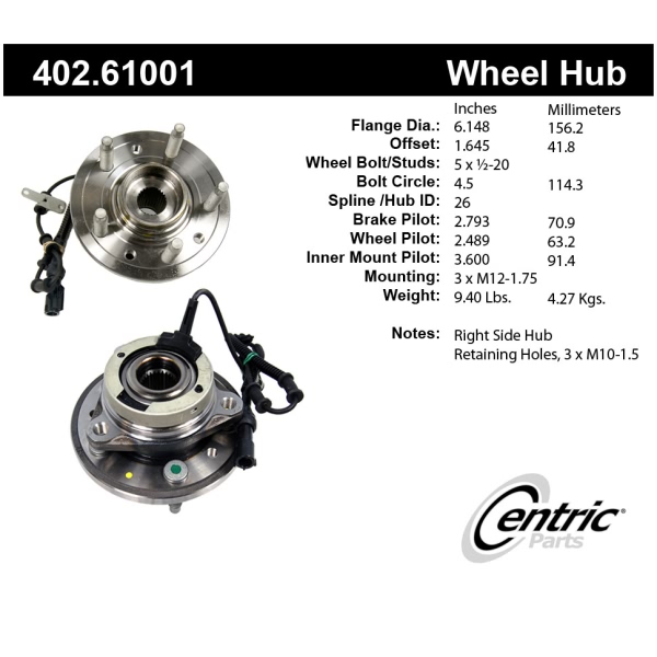 Centric Premium™ Front Passenger Side Driven Wheel Bearing and Hub Assembly 402.61001