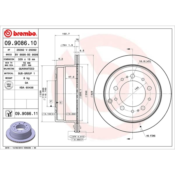 brembo UV Coated Series Vented Rear Brake Rotor 09.9086.11