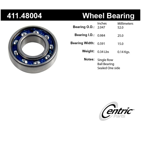 Centric Premium™ Rear Passenger Side Inner Single Row Wheel Bearing 411.48004