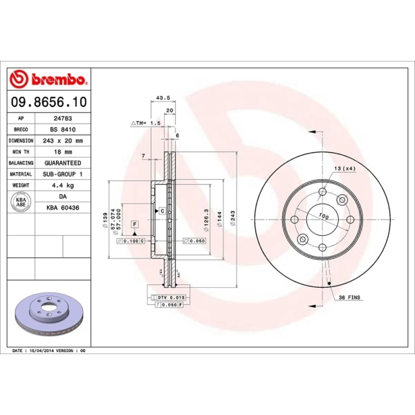 brembo OE Replacement Vented Front Brake Rotor 09.8656.10
