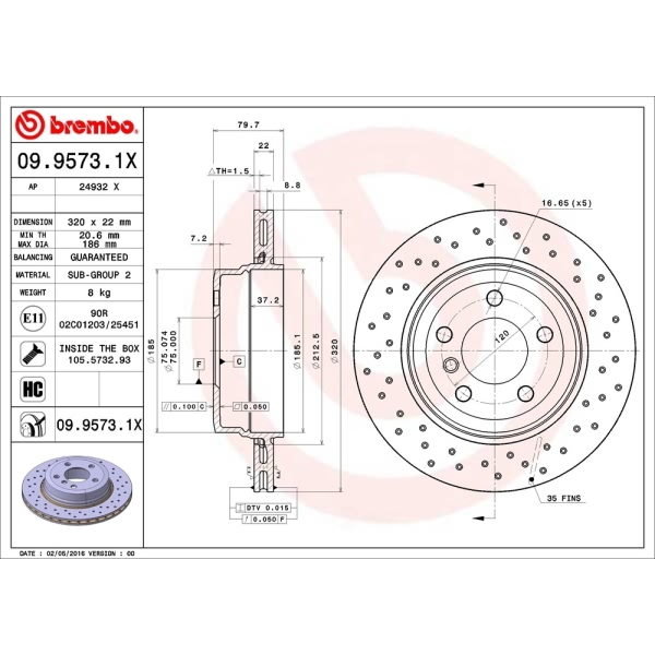 brembo Premium Xtra Cross Drilled UV Coated 1-Piece Rear Brake Rotors 09.9573.1X