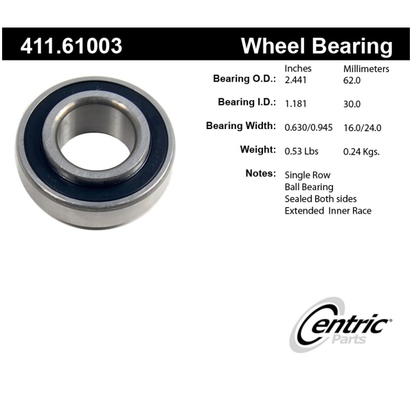 Centric Premium™ Rear Driver Side Single Row Wheel Bearing 411.61003