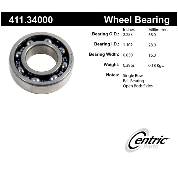 Centric Premium™ Rear Passenger Side Outer Single Row Wheel Bearing 411.34000