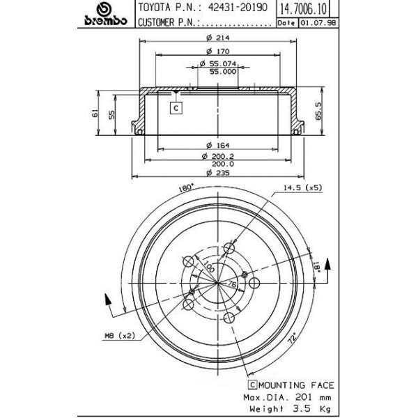 brembo Premium OE Equivalent Rear Brake Drum 14.7006.10