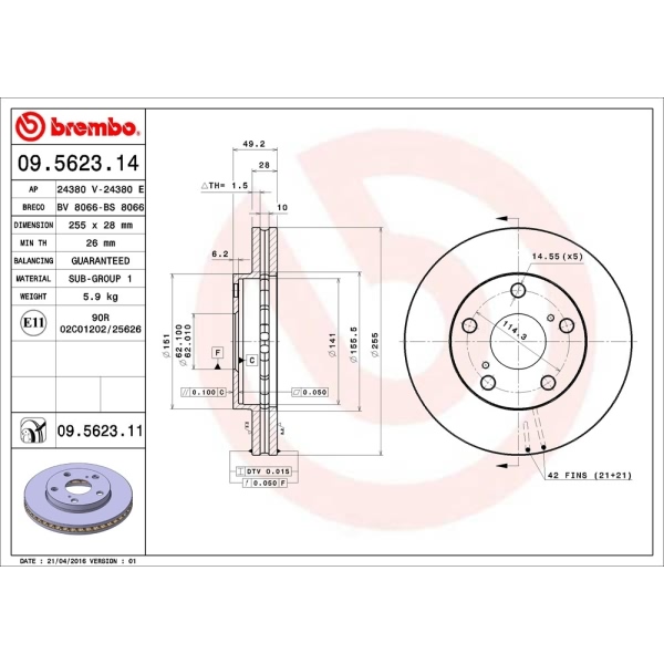 brembo UV Coated Series Vented Front Brake Rotor 09.5623.11