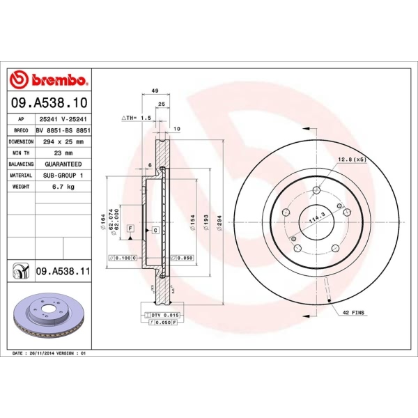 brembo UV Coated Series Vented Front Brake Rotor 09.A538.11
