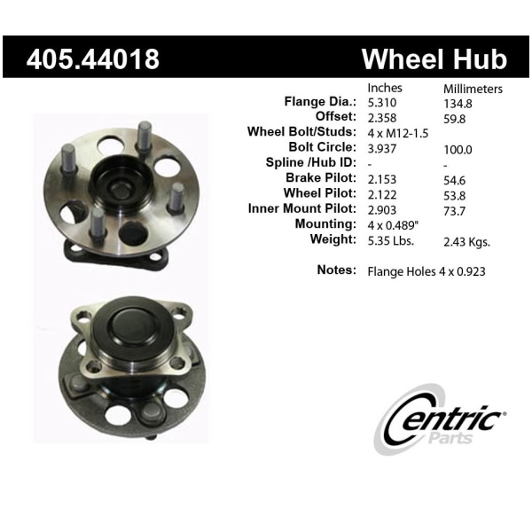 Centric Premium™ Rear Driver Side Non-Driven Wheel Bearing and Hub Assembly 405.44018