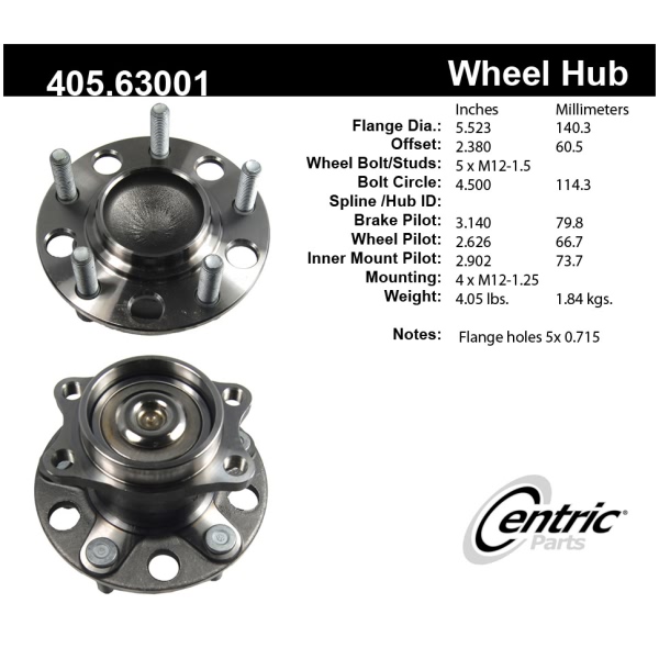 Centric Premium™ Rear Driver Side Non-Driven Wheel Bearing and Hub Assembly 405.63001