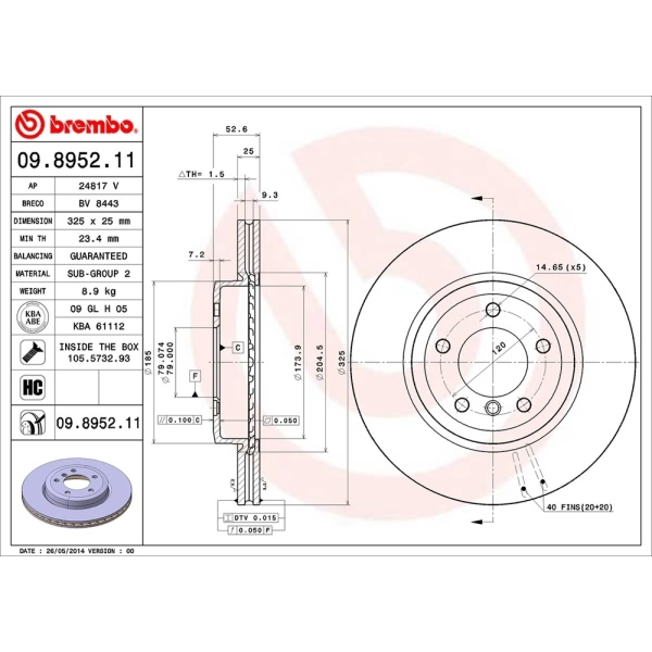 brembo UV Coated Series Vented Front Brake Rotor 09.8952.11