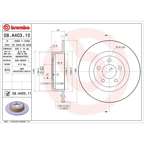 brembo UV Coated Series Solid Rear Brake Rotor 08.A403.11