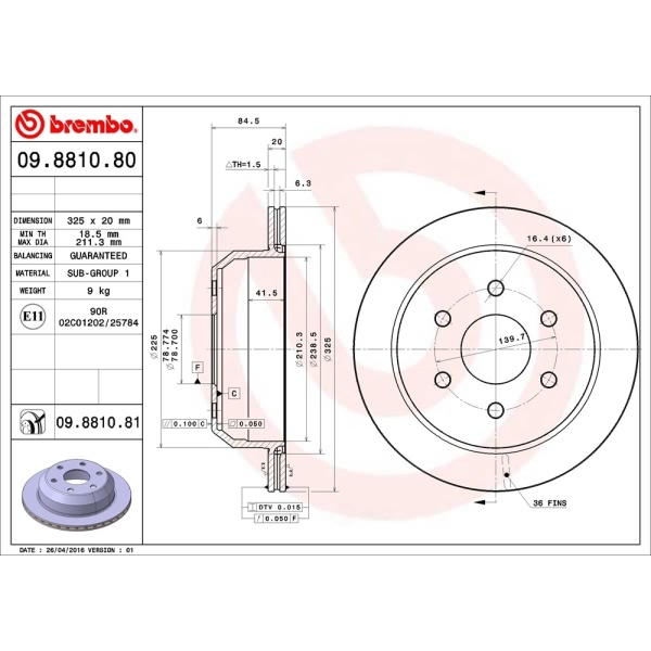 brembo UV Coated Series Vented Rear Brake Rotor 09.8810.81