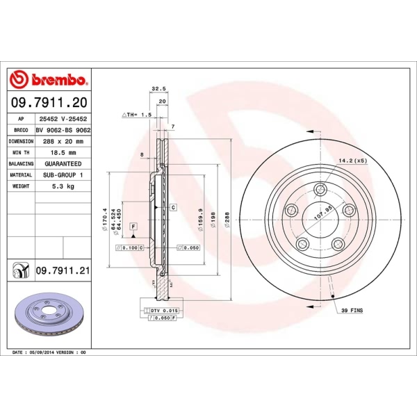 brembo UV Coated Series Vented Rear Brake Rotor 09.7911.21