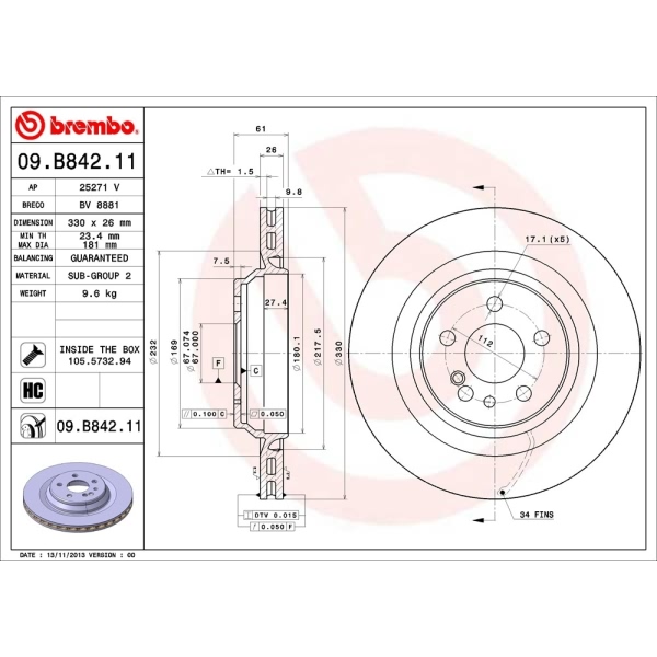 brembo UV Coated Series Vented Rear Brake Rotor 09.B842.11