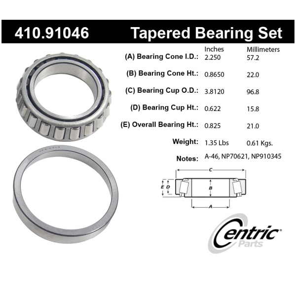 Centric Premium™ Rear Passenger Side Inner Wheel Bearing and Race Set 410.91046